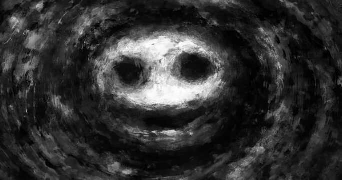 Creepy smile 2d animation. Motion graphics with demonic character. Animated video clip nightmares for creepy Halloween. Black and white background. Grunge, ink, noise, coal and dust effects.