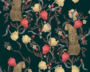 Luipaard met bloemen en bladeren in vintage stijl, naadloos patroon.