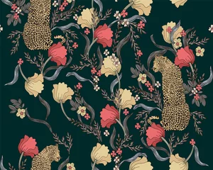 Deurstickers Vintage stijl Luipaard met bloemen en bladeren in vintage stijl, naadloos patroon.