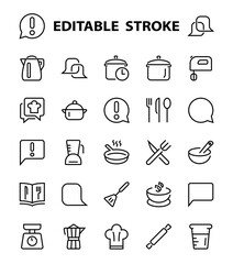 Set of icons for cooking and kitchen, vector lines, contains icons such as a knife, saucepan, boiling time, mixer, scales, recipe book. Editable stroke, perfect 480x480 pixels, white background
