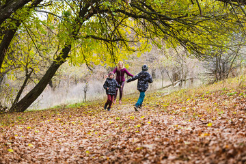 Obraz premium Mother and two boys play in autumn park