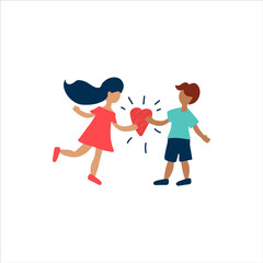 Illustration with young people giving gifts for Valentine's day. Two people in love, hearts and symbols of love. Images drawn by hand concept of a date, for the day of Love. Vector illustration