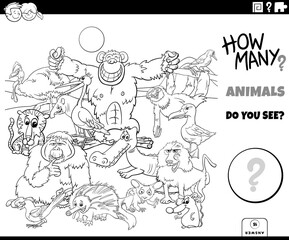 Fototapeta na wymiar counting animals educational task coloring book page