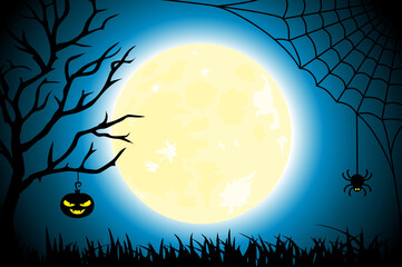 Halloween black and blue illustration with big bright moon, spider web, tree and pumpkin