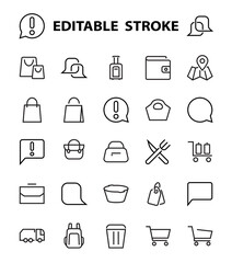 Simple set of bags, shopping and travel icons. Vector illustration Contains icons such as Card, wallet, shopping basket, discount, bowl, package. On a white background, editable stroke