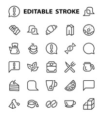 COFFEE and TEA LINEAR ICONS SET, contains Icons of tea, tea bag, Coffee machine, cake, sugar, teapot, cup, milk, cream, Lemon, chocolate bar, LINEAR ICONS Editable stroke