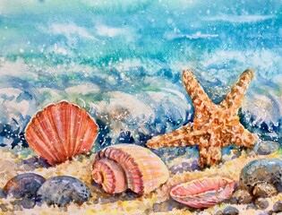 Watercolor summer beach background. Seashells, sea star and stones on sand. Design element. Copy space.