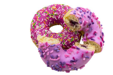 Chocolate and berry doughnut. Strawberry and raspberry doughnuts. Walnut donut on a white...