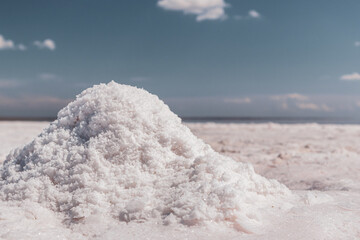 Pink salt bunch close-up shining on coast of salt lake with blurred color graded sky background....