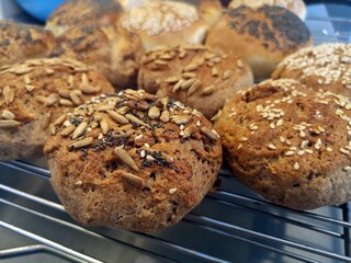 Fresh baked bagels with sesame, sunflower and  poppy seeds