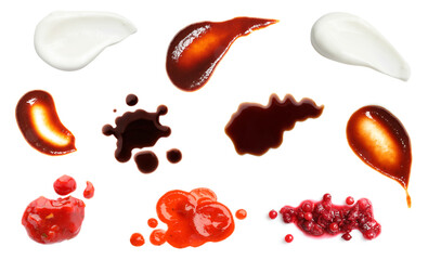 Set with samples of different sauces on white background