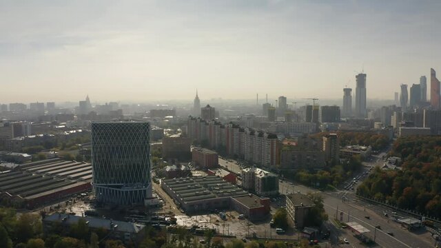 Aerial view Moscow cityscape involving 1905 Goda street and famous Vagankovo Cemetery. Russia