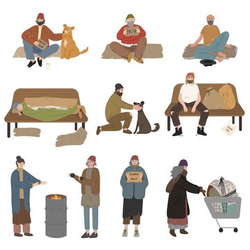 Set Of Homeless Men And Women Living On Streets