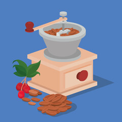coffee grinder beans berries and leaves vector design
