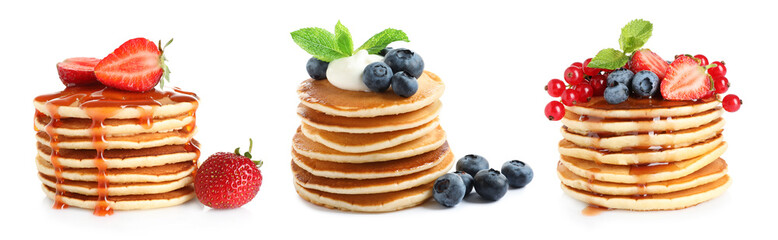 Set of delicious pancakes with different toppings on white background, banner design