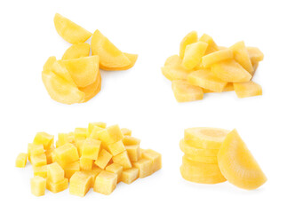 Set of yellow carrot pieces on white background