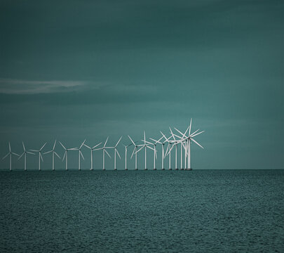 Colony of wind power stations in Baltic sea, Denmark