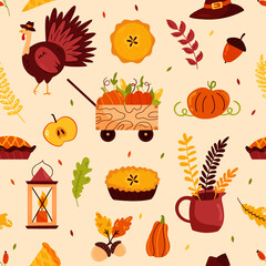 Holiday seamless pattern for Thanksgiving day with famous symbols turkey, pie, pumpkin.