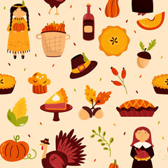Holiday seamless pattern for Thanksgiving day with famous symbols turkey, pie, pilgrim hat, pumpkin