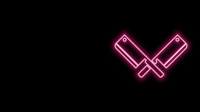 Glowing neon line Crossed meat chopper icon isolated on black background. Kitchen knife for meat. Butcher knife. 4K Video motion graphic animation