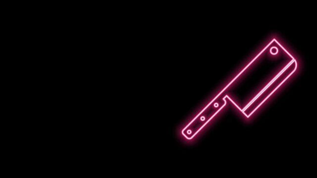 Glowing neon line Meat chopper icon isolated on black background. Kitchen knife for meat. Butcher knife. 4K Video motion graphic animation