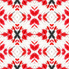 Ethnic Textile. Abstract Shibori Print. Red, Black, White Seamless Texture. Repeat Tie Dye Ornament. Ikat Indonesian Motif. Ethnic Craft Textile Print.