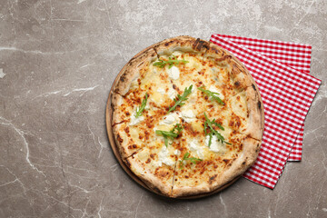Tasty cheese pizza on grey marble table, top view