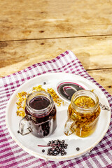 Elderberry tea from ripe berries and dried flowers