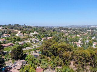 Aerial view of Encinitas town with large villa and swimming pool, South California, USA. 