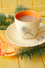 cup of hot cocoa or hot coffee latte, traditional beverage for winter time. Christmas concept.