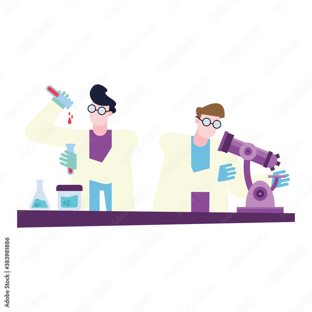 Poster chemical men with microscope and flasks at desk vector design