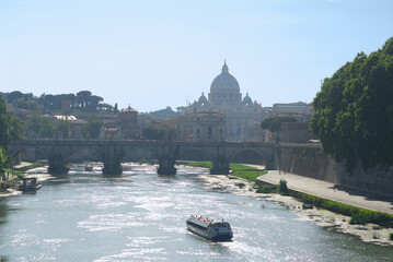 Boat cruise on the Tiber river with St Peters Basilica