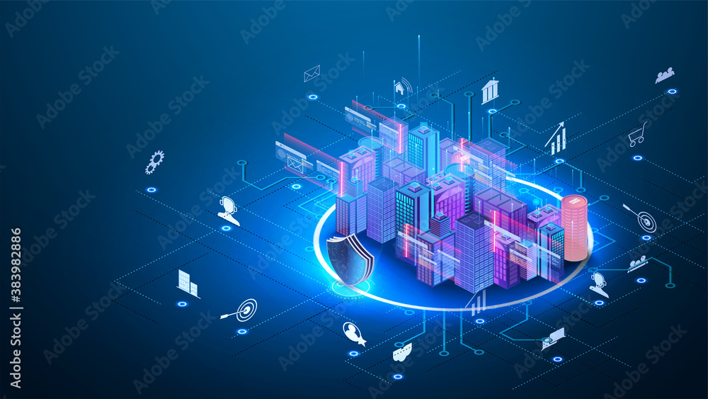 Poster intelligent building automation system business concept. building consists digits and connected with