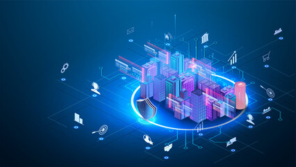 Intelligent building automation system business concept. Building consists digits and connected with icons of domestic smart devices. Smart City for banner and website. Landing page template.