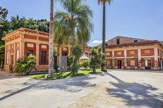 Neoclassical style buildings of Palermo Botanical Garden (Orto Botanico di Palermo, 1789) - institution part of Palermo University. PALERMO, SICILY, ITALY. September 30, 2018.