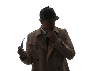 Old fashioned detective with smoking pipe on white background