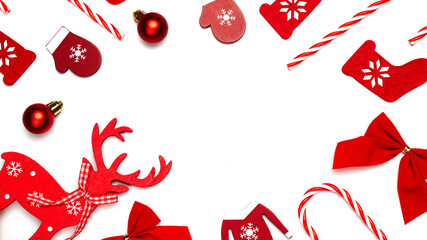 Winter banner. Stocking, gifts, winter tree, ribbon and bow in shape frame on white background for greeting card. Copy space. Winter holidays, New Year.