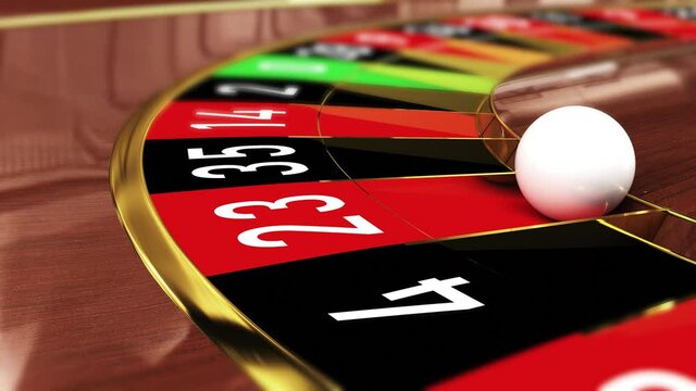 Casino Roulette wheel - Lucky number 23 red (twenty-three red). 4k 3D realistic animation of a casino roulette wheel with the ball landing on lucky number 23 red