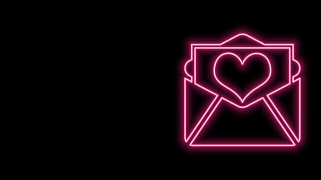 Glowing neon line Envelope with Valentine heart icon isolated on black background. Letter love and romance. 4K Video motion graphic animation