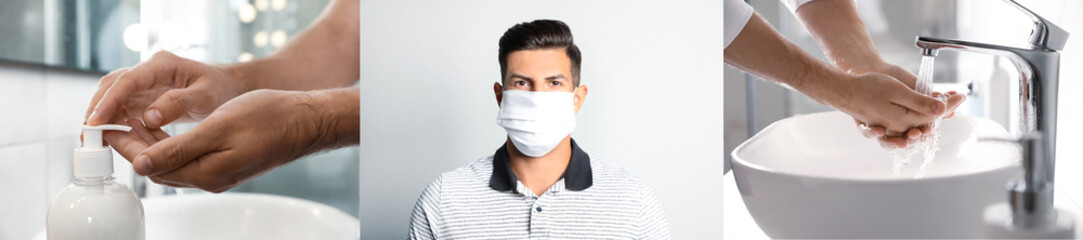 Fototapeta premium Stop coronavirus spreading. People wearing mask and washing hands to prevent contamination, banner design