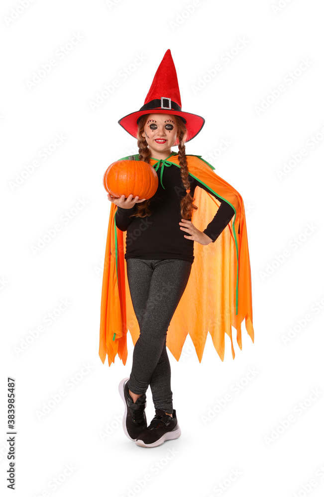 Canvas Prints cute little girl with pumpkin wearing halloween costume on white background