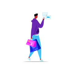 Vector illustration with young man who makes purchases over Internet on mobile phone and carries shopping bags. Concept of self delivery, online order. It can be used in web design, banners, etc.