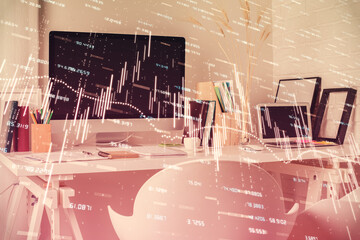 Double exposure of financial graph drawing and office interior background. Concept of stock market.