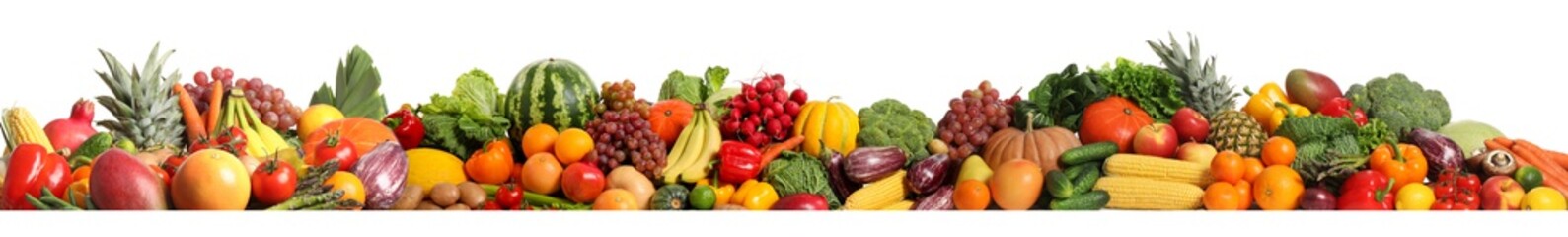 Naklejka na ściany i meble Collection of fresh organic vegetables and fruits on white background. Banner design