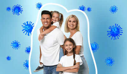 Strong immunity - healthy family. Happy parents with children protected from viruses and bacteria, illustration - obrazy, fototapety, plakaty