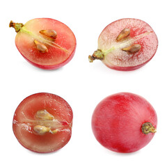 Set of cut and whole grapes on white background
