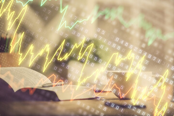 Multi exposure of forex graph drawing and desktop with coffee and items on table background. Concept of financial market trading
