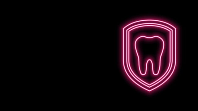 Glowing neon line Dental protection icon isolated on black background. Tooth on shield logo icon. 4K Video motion graphic animation