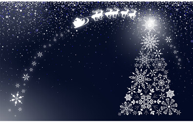 Silhouette of Santa Claus with sleigh sliding through the Holy Night. Snowflakes Christmas card vector background Navy
