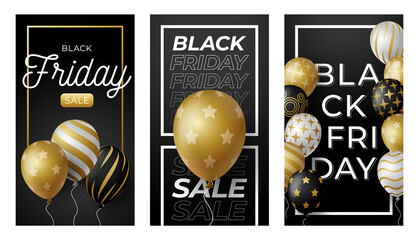 Black Friday vertical banner for stories. Golden Vector Set of black friday theme social media stories post, 3d realistic black and gold balloon banner cover frame template
